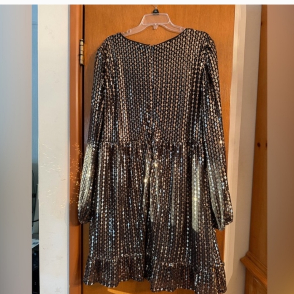 Y2K, 3XL Black Bronze Sequin Babydoll Dress | Long Sleeve Plus Size Party - Picture 5 of 7